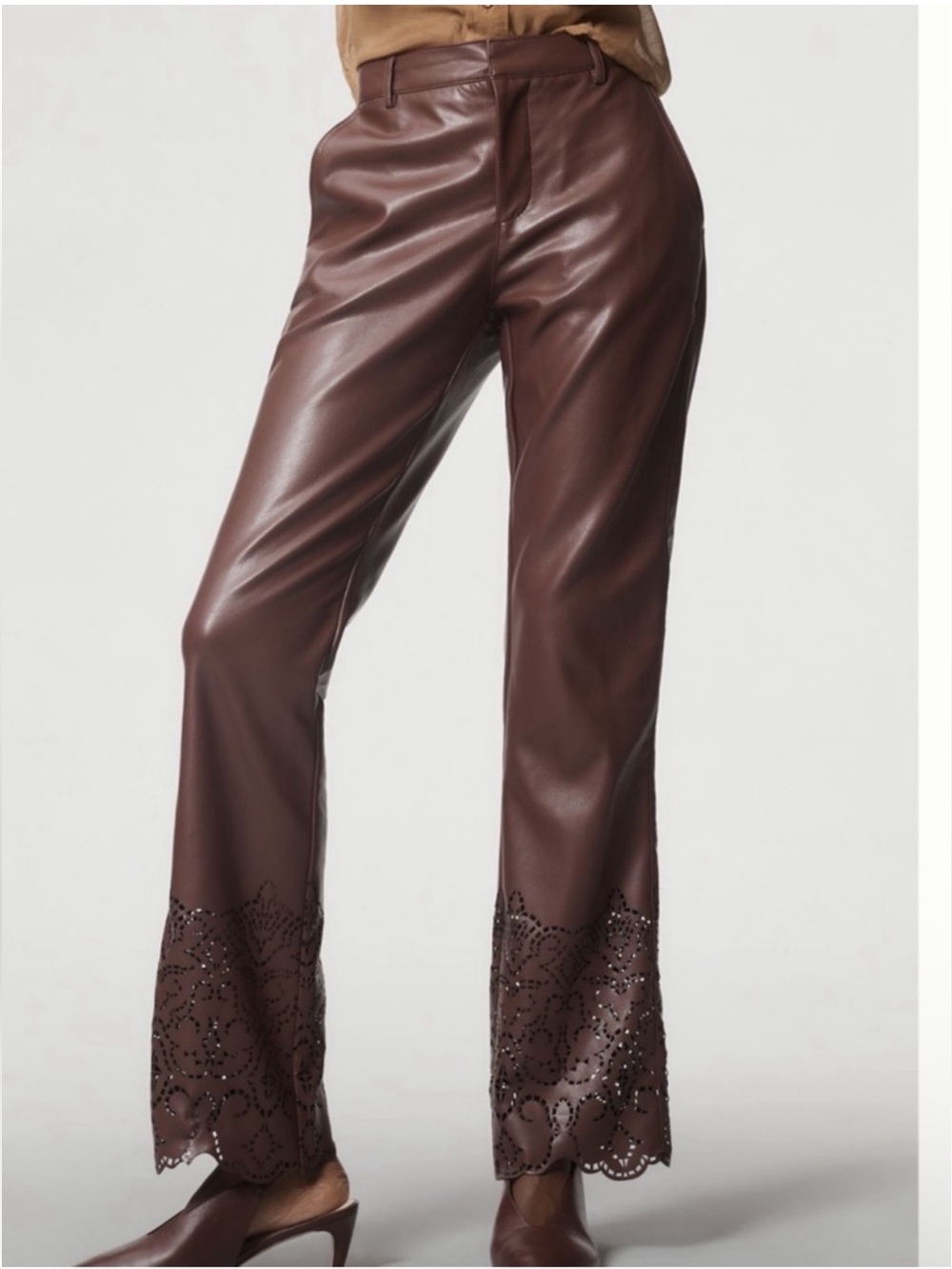 Nwt Brown Faux Leather Wide-Leg Pants with Scalloped Laser-Cut Hem